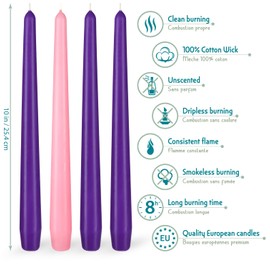 BRUBAKER 4 pcs Advent Candles Purple and Pink - 10 Inch Taper Candles for Christmas, Church and Celebrations - Unscented and Dripless - Made in Europe