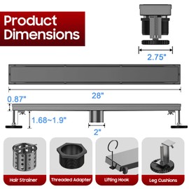 DLONE Linear Shower Drain | 28" AISI 304 Stainless Steel Linear Drain, Gun Gray Shower Drain with Tile Insert Panel & Adjustable Feet, Rectangle Shower Floor Drain in Bathroom, Balcony, etc