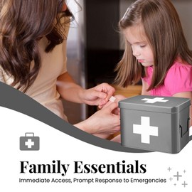 Flexzion First Aid Box Organizer, Empty 8.5 Inch Gray Vintage First Aid Kit Tin Metal Medical Box First Aid Storage Box Container Bins with Dividers, Removable Tray and Cross Logo