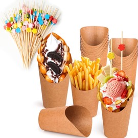 Lxoraziy 50 Stück Snackbecher aus Kraftpapier mit 100 Cocktailspießen – Einweg Food Cups mit PE-Beschichtung für Pommes, Waffeln, Fingerfood & Partys