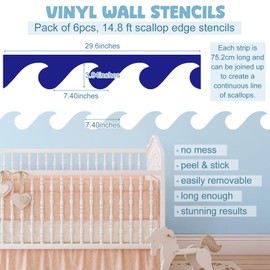 Fuutreo 6 Pcs 14.28 ft Vinyl Sea Waves Stencil for Wall Removable Wave Edge Paint Stencils Self Adhesive Wall Stencil for Home Bedroom Living Room Nursery DIY Painting Decorations