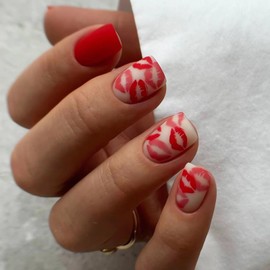 OHWODA Red Valentine’s Press on Nails Short Square Fake Nails, Romantic Lip Press on Nails Acrylic Valentine’s False Nails Cute Valentine’s Glue on Nails Reusable Stick on Nails for Women 24Pcs