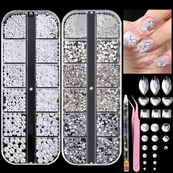 Fspronail Flatback Rhinestones and Pearls Nail Charms, 2 Boxes Small