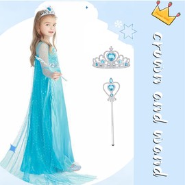 Princess Elsa Costume for Girls Queen Cosplay Clothes for Toddler Girls Blue Birthday Party Dress Up with Accessories Crown (Blue, 4T)