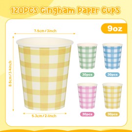 120pcs 9oz Gingham Party Paper Drinking Cups, 4 Colors Disposable Plaid Paper Cups Light Blue Light Green Light Yellow and Light Pink Plaid Cups for Wedding Birthday Decor Fiesta Baby Shower Picnic