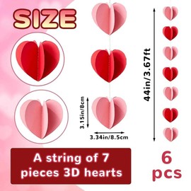 Zoonlinpp 6 Packs 3D Heart Garlands-22.1 Ft Red Pink Hanging Valentine’s Day Decorations NO DIY Pink Hearts Hanging String Paper Banner Ornament for Weddings, Anniversaries Birthdays