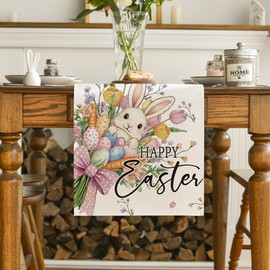 Artoid Mode Bow Bunny Eggs Happy Easter Table Runner,Seasonal Spring Flowers Carrots Kitchen Dining Table Decoration for Home Party Decor 13x36 Inch
