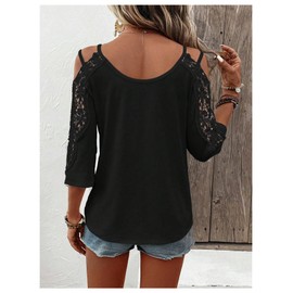 MakeMeChic Women's Guipure Lace V Neck Tee Shirts Cut Out Cold Shoulder 3/4 Sleeve Tops Black Medium