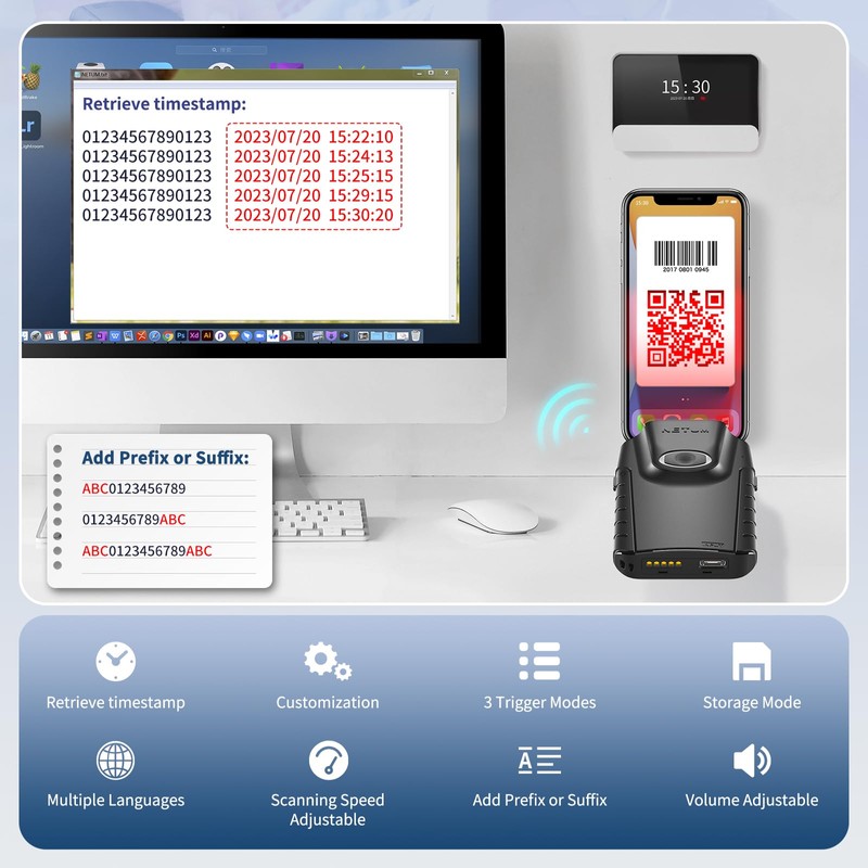 NETUM Bluetooth 2D Barcode Scanner, 3-in-1 Small Portable QR Barcode