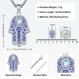 Aniu 925 Sterling Silver Blue Hamsa Necklace for Men Women, Hand of Fatima Evil Eye Pendant with Moonstone, Comes with Black Jewelry Gift Box