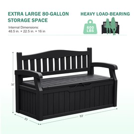 Greesum 80 Gallon Outdoor Storage Bench Deck Box with Armrest Bench,Lockable Shed, Waterproof and UV Resistant, Suitable for Garden, Pool, Patio, Deep Black