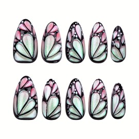 ＴＩＺＹＦＦ Press on Nails, Black Hollow 3D Gradient Pearlescent Butterfly Fake Nails, Artificial Nails for Women and Girls -24 pcs