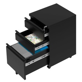 GarveeTech 3 Drawer Mobile Cabinet,Rolling File Cabinet with Lock, Metal Filing Storage for Home Office Black