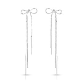 Bow Earrings for Women, Long Tassel Chain Earrings Bow Tie Ribbon Earrings Bow Knot Earrings Bow Drop Dangle Earrings Bowknot Jewelry for Women Girls Wedding Statement Jewelry(Silver)