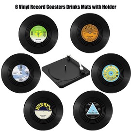 Litensh 6 Pack Retro CD Vinyl Record Coasters Non Slip Rubber Drink Coasters Insulated Round Tea Coffee Drink Mats Table Protector Prevent Holder Slipping