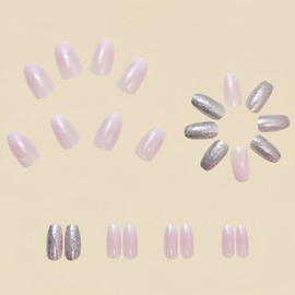 MIXFOSAHN Press on Nails Medium Square Fake Nails Silver Pink False Nails with Glitter Gradient Designs Glossy Full Cover Stick on Nails Glue on Nails Elegant Acrylic Nails for Women Girls 24 Pcs