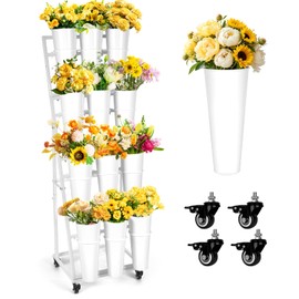 LEALIBAUSS Flower Bar Stand with 12 Buckets,Metal Flower Display Stand with Wheels,4 Layers Moving Florist Bouquet Shelf for Indoor Outdoor Garden,Flower Shop,Wedding,Party Decor (WHITE)