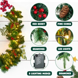 Ellzant 9FT Christmas Garland with Lights, Prelit Garland Christmas Decorations for Mantle Stairs Railing with Berries and Pine Cones, Xmas Garland for Outdoor Indoor Christmas Home Decor (Green)