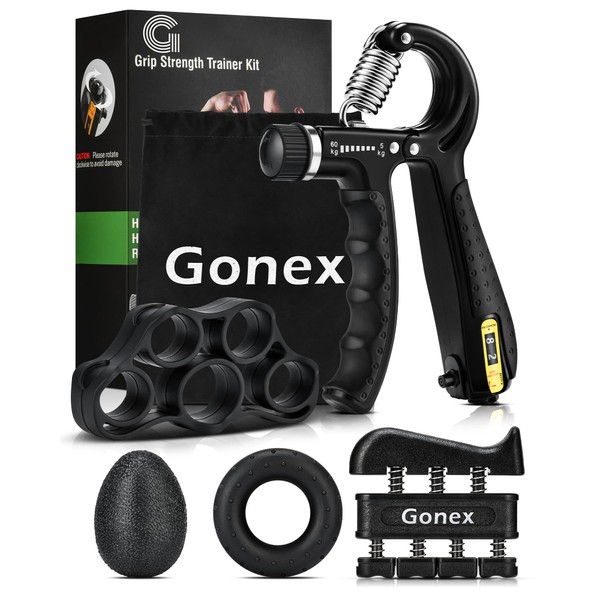 Gonex Hand Grip Strengthener with Counter, Forearm Trainer Workout Kit, Adjustable Resistance Grip Strength Trainer, Finger Exerciser/Stretcher, Grip Ring, Grip Ball for Recovery and Athletes(Black）