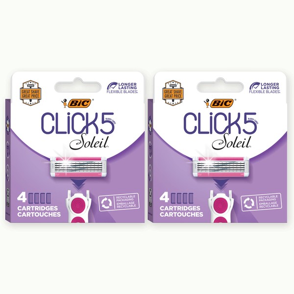BIC Click 5 Soleil Women's Razor Refills with 5 Flexible Blades and Recyclable Box, Pink, 8 Count