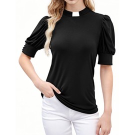 Womens Church Clergy Shirt Tab Collar Short Puff Sleeves with Cufflinks Blouse Top Black