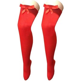 LABASA® New Ladies Girls Over The Knee Long Casual Stripe Stripy Striped Microfiber Socks Assorted Colours - Women Thigh High Socks UK Size 4-6 (Red With Red Bow)