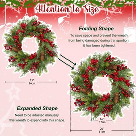 Oairse 20 inch/51cm Christmas Wreath, Christmas Wreath for Front Door Christmas Door Wreaths with Red Berries Pine Cones Cedar Leaves Aritificial Wreath for Christmas Indoor Outdoor Decorations