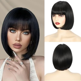 Lanseek Short Bob Wig with Bangs 12 Inch Short Synthetic Bob Wig for Women Natural Looking for Daily Use (Natural Black)