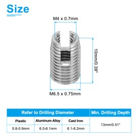 PATIKIL Selbstschneidende Gewindeeinsätze, 40 Stück M4 x M6,5 x 10mm 303 Edelstahl Gewindeadapter Reduzierer Schlitzschraube Reparatur Einsätze Muttern Hülse