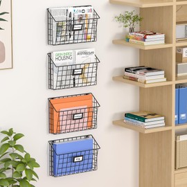 X-cosrack 4-Tier Hanging Wall File Holder Vertical Wall Mount Metal Wall File Organizer with Tag Slot Document Magazine Rack Mail Organizer for Office Home, Black