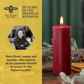 Big Dipper Wax Works Red Pillar Candle, 90-Hour Long Burn, Pure Beeswax Candle, 3" x 6”