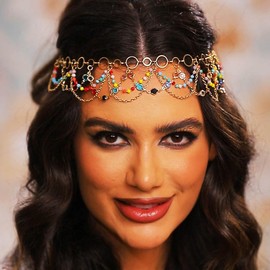 Asooll Bohu Head Chain Colorful Beads Hair Chains Gold Tassel Headpiece Hair Accessories for Women