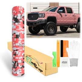 60"x360" (5FT x 30FT) Camouflage Digital Red Viny Wrap Sticker Sheet Film DIY Decal Car Auto Vehicle Motorcycle Air Release Bubble Free Self Adhesive Peel and Stick Free Tool Kit