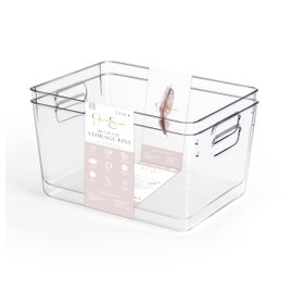 Jessica Simpson 2-Pack Clear Multi-Use Storage Bins – Durable Stackable Organizer Baskets with Handles – BPA-Free Plastic Bins for Pantry, Bathroom, Fridge, Office & More