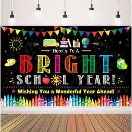 Here’s to a Bright School Year Backdrop Banner Colorful Welcome Back to School Decoration Backdrop First Day of School Party Banner for Kindergarten Preschool Classroom Office Party Decoration