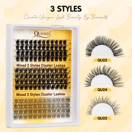 QUEWEL Lash-Cluster Kit 144Pcs D Curl Mixed 3 Styles Eyelashes-Individual Natural Look, Super Thin Band Cluster Lashes Kit for Beginner Easy to Apply at Home（Collection-style B-kit）