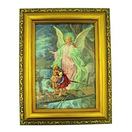 Framed Art Italian Lithograph Guardian Angel Print in Antique Gold Tone Frame with Glass, 6 1/2 Inch