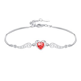 Silver Thunder Anklet, Women's Natural Garnet, 925 Silver, No Metal Allergy, 2 Chain Heart, Angel Wings, Popular Ankle Accessory, Gift, Birthday, Anniversary, Women's Present, Silver