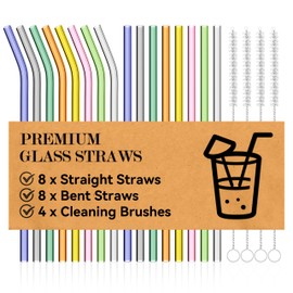 Foogwee® 20 Packs Reusable Glass Straws Set, 8.5'' x 10mm Clear Drinking Straws for Smoothies, Shakes, Coffee, Juice, Sodas, Milk, Tea, Cocktails, Set of 8 Straight and 8 Bent with 4 Cleaning Brushes