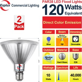 Explux Full Glass PAR38 Outdoor Flood Blue Light Bulbs, 120W Equivalent Direct LED Color Emission, Weatherproof & Anti-Ageing, Dimmable, 2-Pack