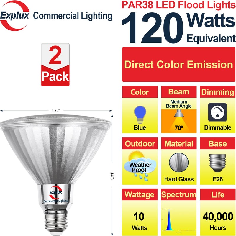 Explux Full Glass PAR38 Outdoor Flood Blue Light Bulbs, 120W