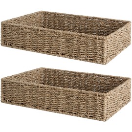 StorageWorks Large Seagrass Tray for Bathroom, Seagrass Storage Baskets for Shelves, Handwoven Natural Wicker Baskets for Organizing, 2-Pack