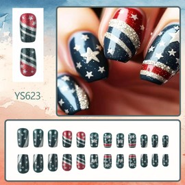 LBPEPAMZ 24Pcs Independence Day Press on Nails Short Square Fake Nails with Glitter Designs Red Blue Patriotic Holiday False Nails 4 of July Star Acrylic Nails Glue on Nails Stick on Nails for Women