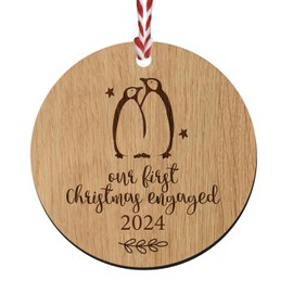 Our First Christmas Engaged Wooden Christmas Tree Ornament Decoration Bauble - Penguin Gift for Fiancé Husband-To-Be/Wife-To-Be - 1st Christmas Engaged Gift 2024