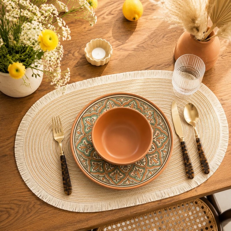 FAVE Boho Oval Woven Placemats Set of 6, Washable Table