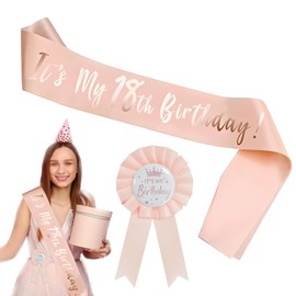 18th Birthday Sash - Rose Gold Birthday Sash for Girls , Birthday Girl Sash with Birthday Badge 18th Birthday Gift Party Decorations Supplies
