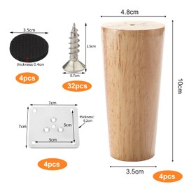 Wooden Furniture Legs, 4 PCS Solid Wood Furniture Legs, Sofa Legs Set with Non-Silp Pads Screw Mounting Plate, Straight Solid Tapered Wood Replacement Leg for Sofa TV Cabinet Bed Dining Table(10 cm)