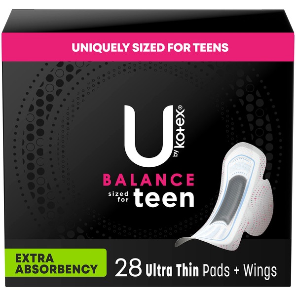 U by Kotex Balance Sized for Teens Ultra Thin with Wings Pads for Women, Extra Absorbency, 28 Count (Packaging May Vary)