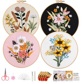 Qiexuxing 4 Pack Beginner Embroidery Kits for Adults, Floral Embroidery Kit for Beginners with Clear Instructions, 2 Bamboo Embroidery Hoops, Stamped Patterns, Colorful Threads, Tools