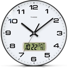 TIMESS Wall Clock, 13" Dial Non-Ticking Silent Battery Operated Analog with LCD Display for Perpetual Calendar and F° Temperature, Ideal Modern Home, Bedroom, Kitchen, Office Decor(Black)